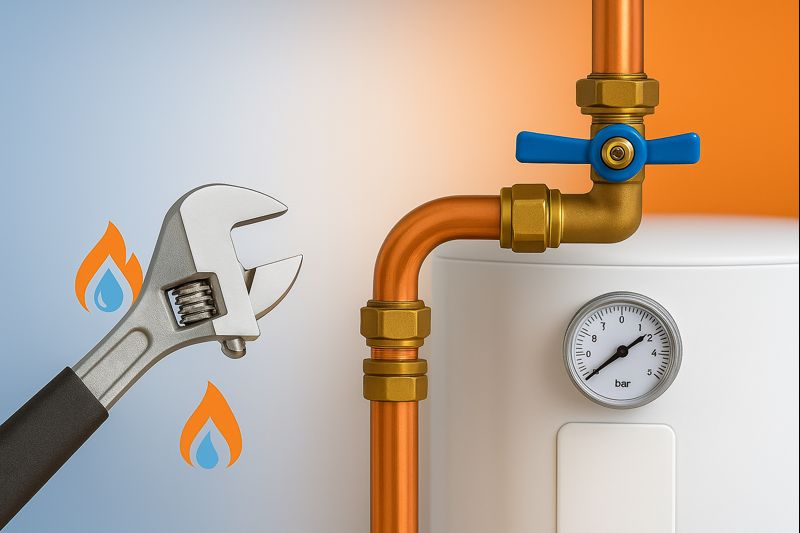 Professional plumbing equipment with wrench, copper pipes and boiler